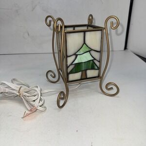 ALSY Christmas 4 Sided Stained Glass Accent Lamp Gold Tone Scrolled Iron‎ Base